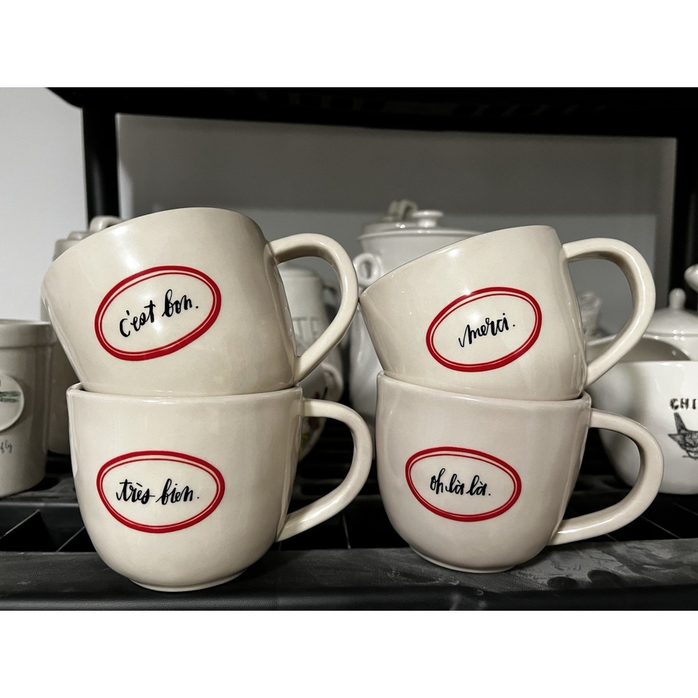 Vintage Rae Dunn French Boutique Redline Set Of Ceramic Mugs